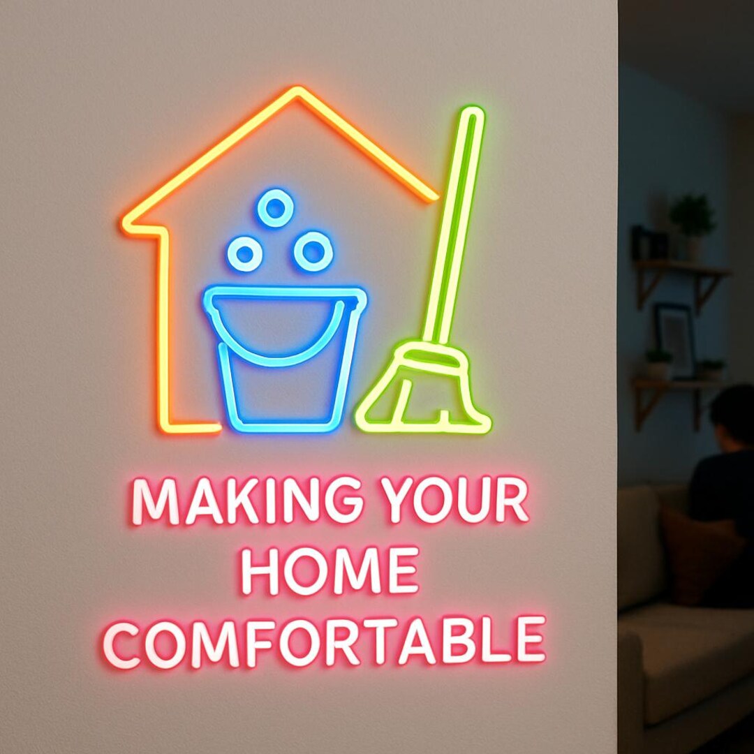 Cleaning Apartments, Houses Neon Sign. Cleaning Company Light. 