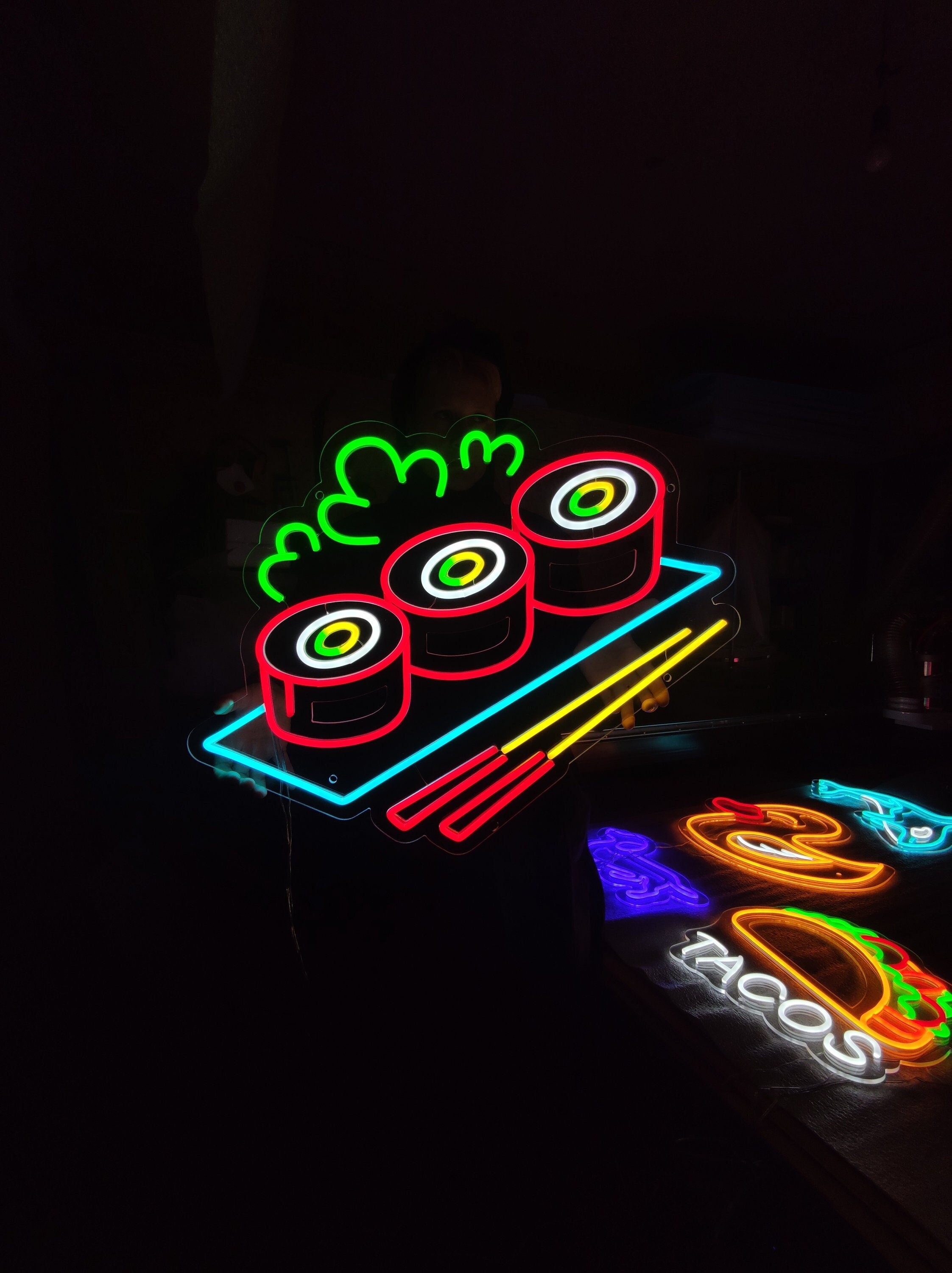 Sushi Neon Sign, Sushi Roll Set Neon Lights, Japanese Restaurant
