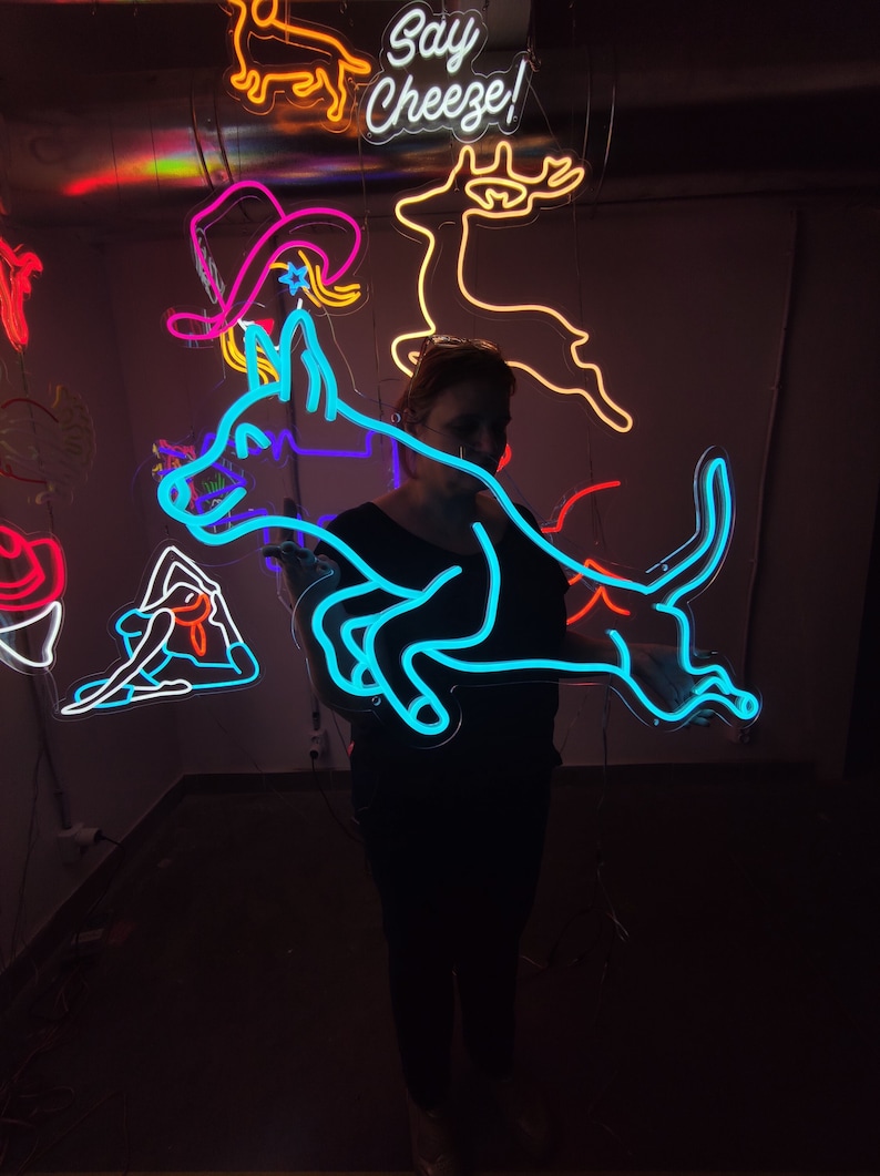May include: A person stands in front of a wall with neon signs. The signs are in the shape of a dog, a deer, a hat, and a dachshund. The dog sign is blue, the deer sign is yellow, the hat sign is pink, and the dachshund sign is orange. The text "Say Cheeze!" is on the wall above the signs.