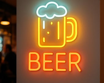 May include: A neon sign in a bar features a glowing beer mug with a foamy top and the word "BEER" in orange. The beer mug is outlined in yellow with a blue foamy top. The sign is mounted on a neutral-colored wall.