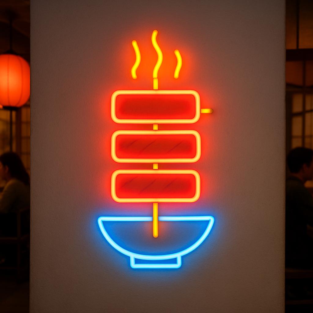 日本の焼肉店のネオンサイン。日本のBBQレストランの照明付き。グルメ