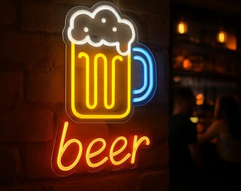 ビールのネオンサイン。バーのLED装飾。泡ネオンサイン付きビール