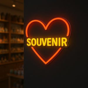 Insegna al neon personalizzata per negozio di souvenir. Regalo con fiocco, souvenir, globo, cartolina, colonna greca in miniatura, Torre Eiffel, acchiappasogni.