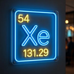 May include: A neon sign featuring the element Xenon (Xe) from the periodic table. The sign has a blue border and a blue Xe symbol, with the atomic number 54 and atomic mass 131.29 in yellow.
