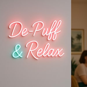 Op de afbeelding: Een neonbord op een witte muur toont de woorden "De-Puff & Relax" in een cursief lettertype. De woorden "De-Puff" en "Relax" zijn zachtroze, terwijl de "&" turquoise is. Het bord is een decoratief item.