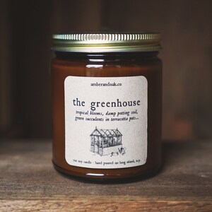The Greenhouse Soy Candle, Garden candle, gift for plant lover, glass amber jar, succulent candle, literary candles, fresh rain candle