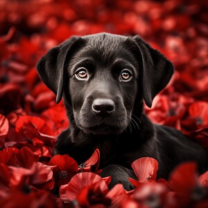 Black Labrador Bliss: Red Poppies Digital Art Print - Instant Digitale Download voor kantoor- en woondecoratie, perfect cadeau voor hondenliefhebbers!