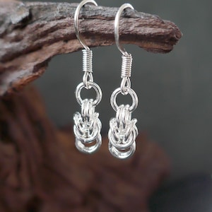 Byzantine earrings, sterling silver, short drop earrings, chainmaille