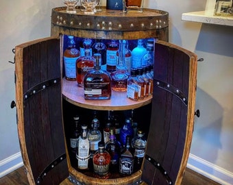 Handcrafted Barrel Bar - Whiskey Cabinet - Mini Bar - Store 50 Bottles - Barrel Crafted Bar- USA SELLER