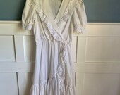 1970s vintage prairie midi dress cottage core ruffles cow girl western puff sleeve