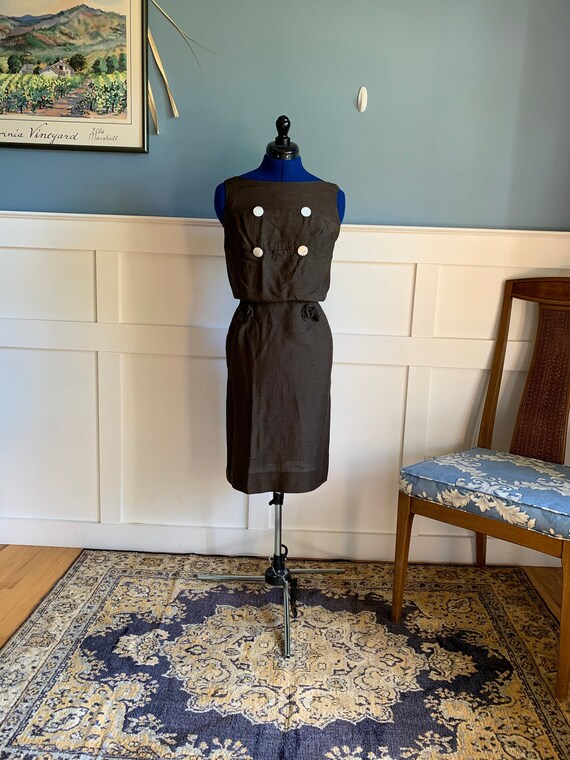Vintage 1950s 1960s dark green brown silk wiggle d