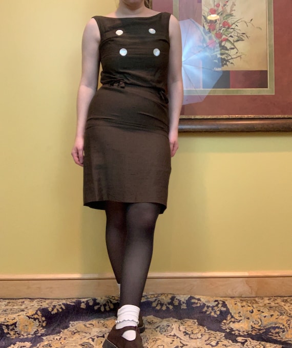 Vintage 1950s 1960s dark green brown silk wiggle d