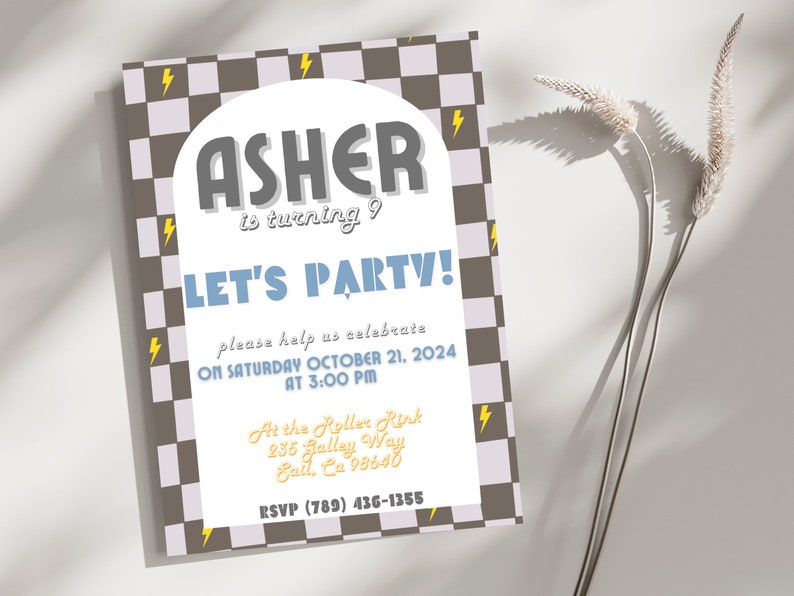 Cool Checkers Boy Birthday Invitation, Boy Birthday Invite, Lightning