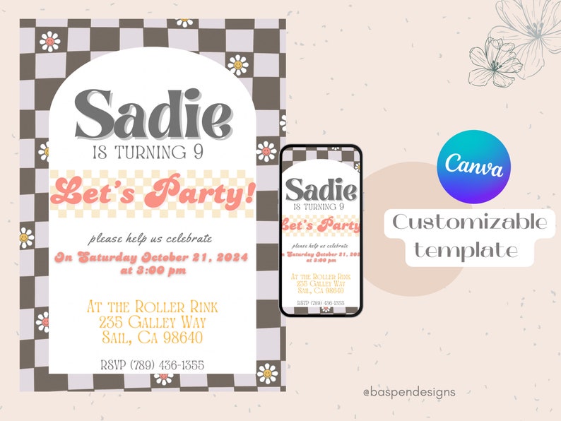 Checkers Girl Birthday Invitation, Cool Girl Birthday Invite, Daisy