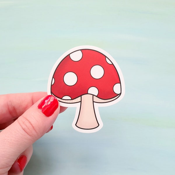 Red Mushroom Vinyl Sticker, Polka Dot Fungi Adhesive, Toadstool Water Bottle Decal, Nature Laptop Decal, Plant Friend Gift