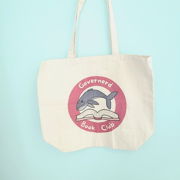 Governerd Book Club Tote, Red & Blue Whale Logo Bag, Reader Cotton Canvas Carryall, Library Novel Fabric Carrier, Bibliophile Friend Gift