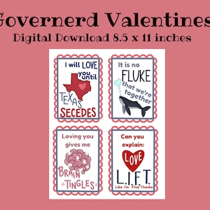 Puede incluir: Una descarga digital con cuatro diseños temáticos de San Valentín. Cada diseño incluye una frase y un gráfico únicos, como un contorno de Texas con un corazón, una ballena, un cerebro y la palabra "LOVE". El texto "Governerd Valentines" está en la parte superior.