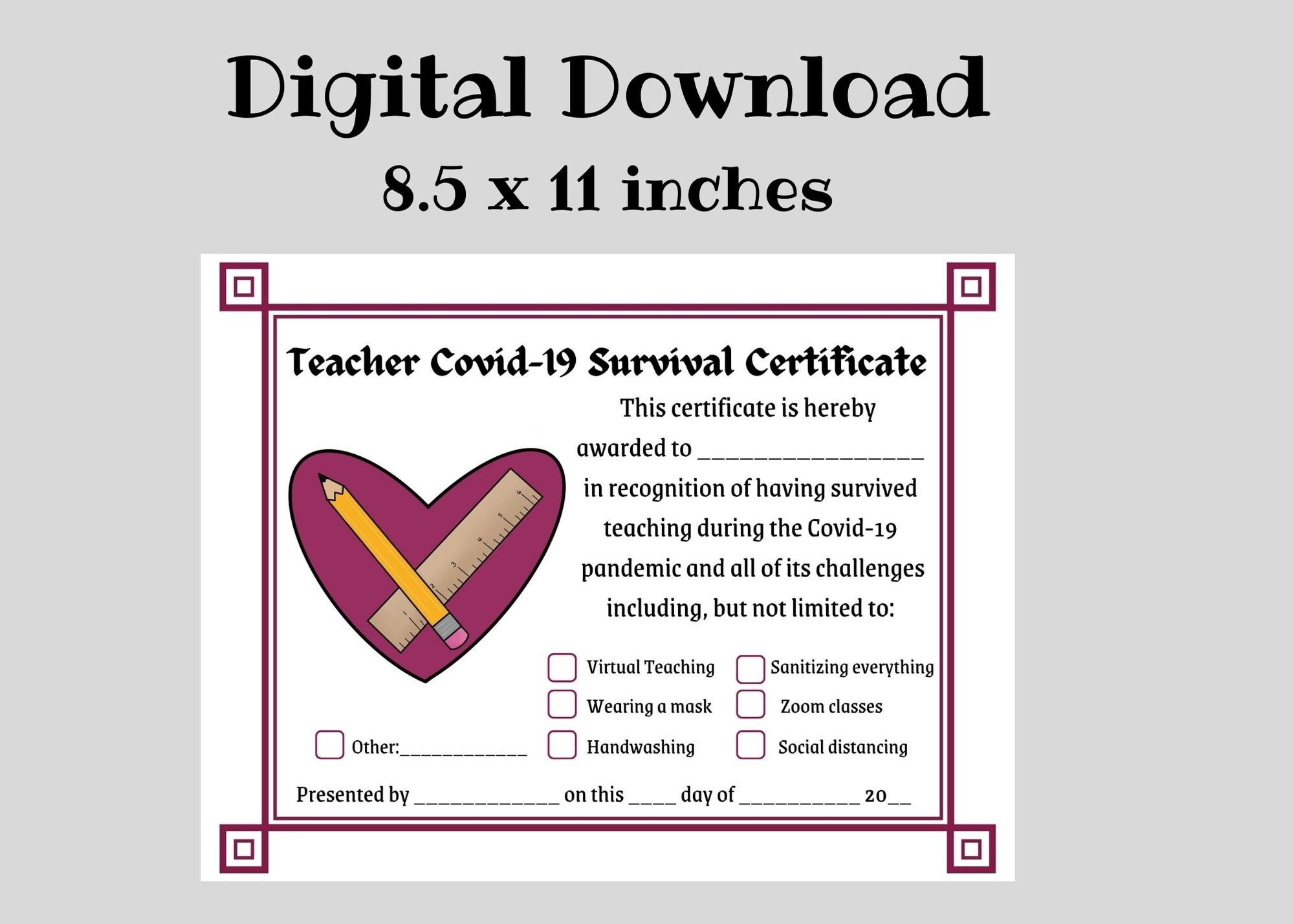 Teacher Pandemic Survival Certificate End of the School Year | Etsy