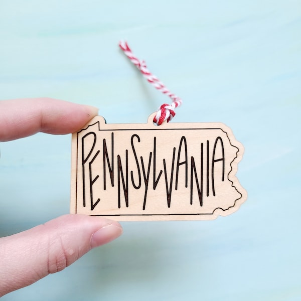 Pennsylvania Ornament, PA Maple Wood Tree Decoration, State Hanging Art, Hand-lettered Laser Cut Christmas Accessory, Local Friend Gift