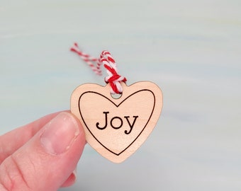 Mini Joy Ornament, Small Engraved Heart Gift Tag, Maple 1 Inch Hanging Art, Wood Tree Decoration, Friend Love Present Decoration