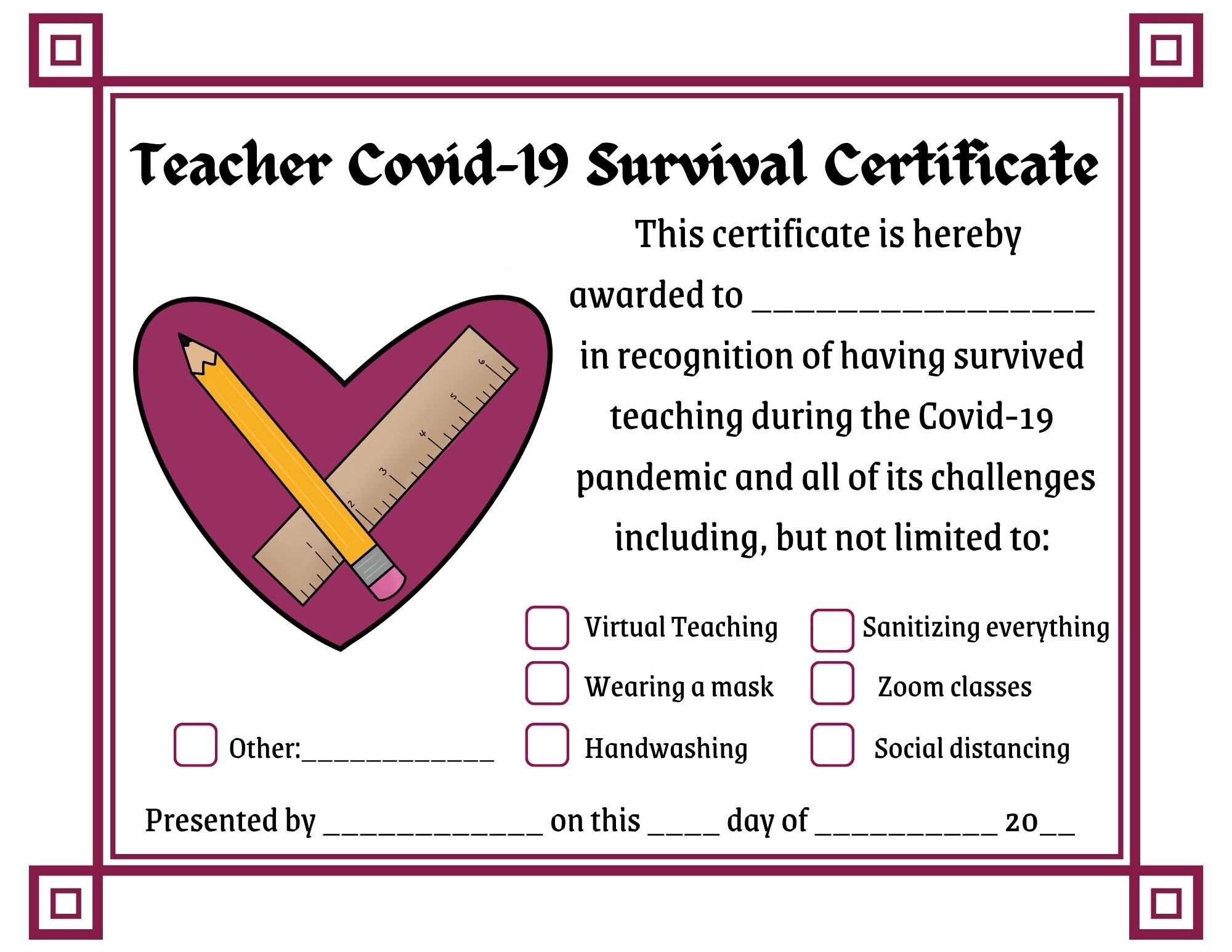 Teacher Pandemic Survival Certificate End of the School Year | Etsy