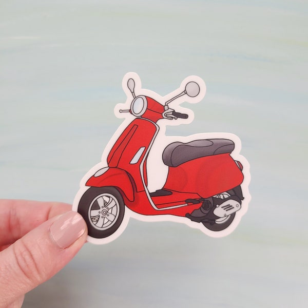 Scooter Vinyl Sticker, Red Moped Adhesive, Vespa Water Bottle Decal, 2 Wheel Motorbike Laptop Decal, Helmet Art, Biker Friend Gift