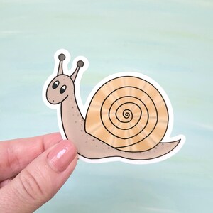 May include: A sticker of a cartoon snail with a tan shell and a light brown body. The snail has a smiling face and two antennae with black tips. The sticker is held by a hand against a light blue background.
