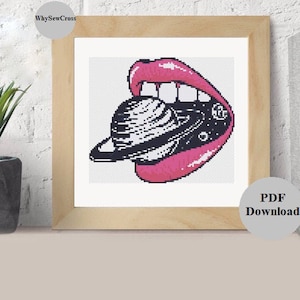 Galaxy Planet Mouth Cross Stitch Pattern PDF Space Cross Stitch Surrealism Cross Stitch Pattern Modern Unique Cross Stitch Advanced