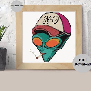 Puede incluir: Patrón de punto de cruz de un extraterrestre con una gorra de béisbol rosa y roja con la palabra "PRO" en ella. El extraterrestre fuma un cigarrillo y tiene piel verde y ojos grandes.