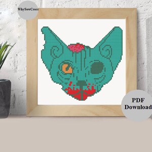 Zombie Cat Cross Stitch Pattern- Sphynx Cross Stitch Pattern- Killer Cat Cross Stitch- Egyptian Cross Stitch- Cross Stitch Scary