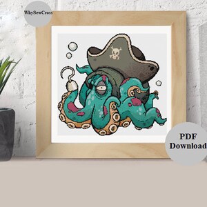 May include: A green octopus wearing a brown pirate hat with a skull and crossbones design. The octopus has a hook for a hand and is wearing a red bandana.