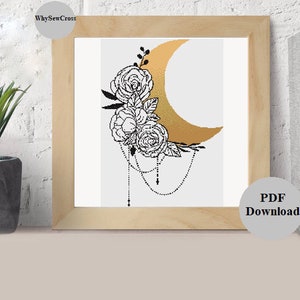 Flora Moon Boho Cross Stitch Pattern PDF Hippie Cross Stitch Pattern Pretty Floral Moon Cross Stitch Easy Negative Space Cross Stitch PDF