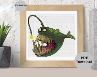 Angler Fish Cross Stitch Pattern-Animal Cross Stitch-Cross Stitch funny-Cross Stitch Cute-Small Cross Stitch Pattern-Sea animal cross stitch