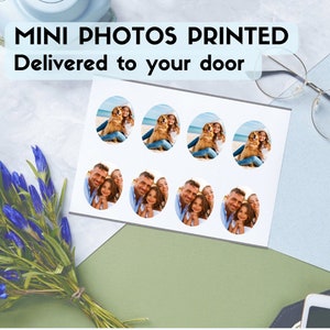 May include: A sheet of white paper with nine round stickers printed with photos. The stickers feature images of a family with a dog and a family without a dog. The text "MINI PHOTOS PRINTED Delivered to your door" is at the top of the sheet.