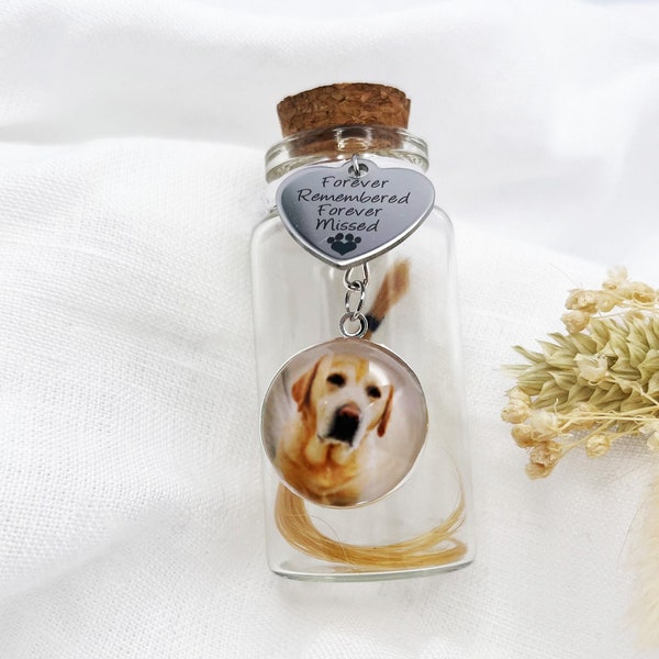 Benutzerdefinierter Foto-Charm + Namensgravur-Charm. Haustierfell-Flasche, Erinnerungsstück aus Hundefell, Flasche für Tierhaare mit individuellem Anhänger und Foto