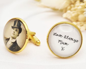 Personalised Cufflinks in Gold, Custom made with photo and handwriting. Wedding cufflinks Personalised, Gift For Groom.