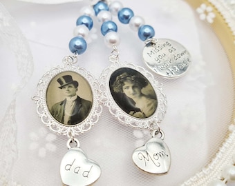 Bruidsboeket Charms met foto, Baby Blue parels, mama en papa gedenkteken voor bruiloft, missen je lopen door het gangpad. bruiloft herdenking