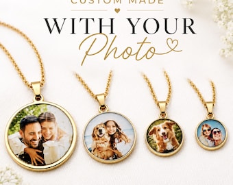 May include: Gold-colored pendant necklaces with custom photo inserts. The necklaces are displayed in various sizes, each featuring a different photograph. The text "CUSTOM MADE WITH YOUR Photo" is displayed at the top of the image.