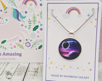 Galaxy ketting, planeet ketting, maan ketting, Space Sieraden, Glazen Hanger, Melkweg hanger, melkweg sieraden, universum sieraden