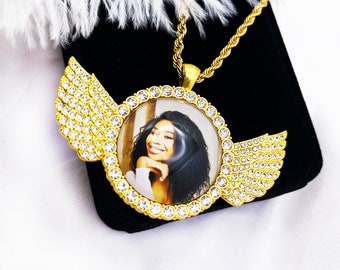 Iced Photo Pendant, Angel Wings Necklace, Hip Hop Necklace, Memorial Pendant, Custom Iced Out Necklace with your picture