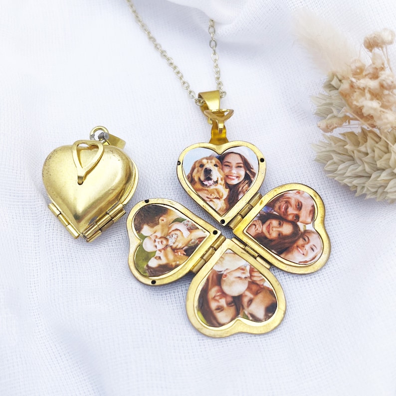 Fotomedaillon, vintage gouden hartmedaillon, fotoketting, 4 fotomedaillon, gepersonaliseerd met uw foto afbeelding 2