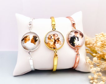 photo bracelet, personalised with your own image, photo bangle in gold, silver, rose gold.