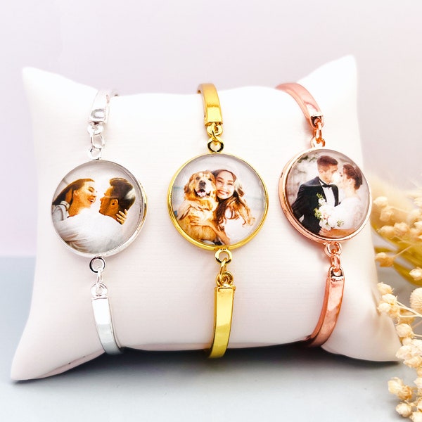 photo bracelet, personalised with your own image, photo bangle in gold, silver, rose gold.