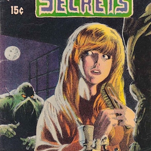 May include: Vintage comic book cover for "The House of Secrets" #92, featuring a woman with long blonde hair, a monster, and the moon. The cover has the DC Comics logo and the text "There's No Escape From... The House of Secrets".