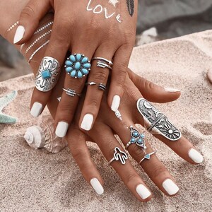 New 9Pcs/Set Punk Vintage Style Silver Ring Womens Retro Geometry Finger Ring New 9Pcs/Set Punk Vintage Style Silver Ring Womens Retro Geometry Finger Ring