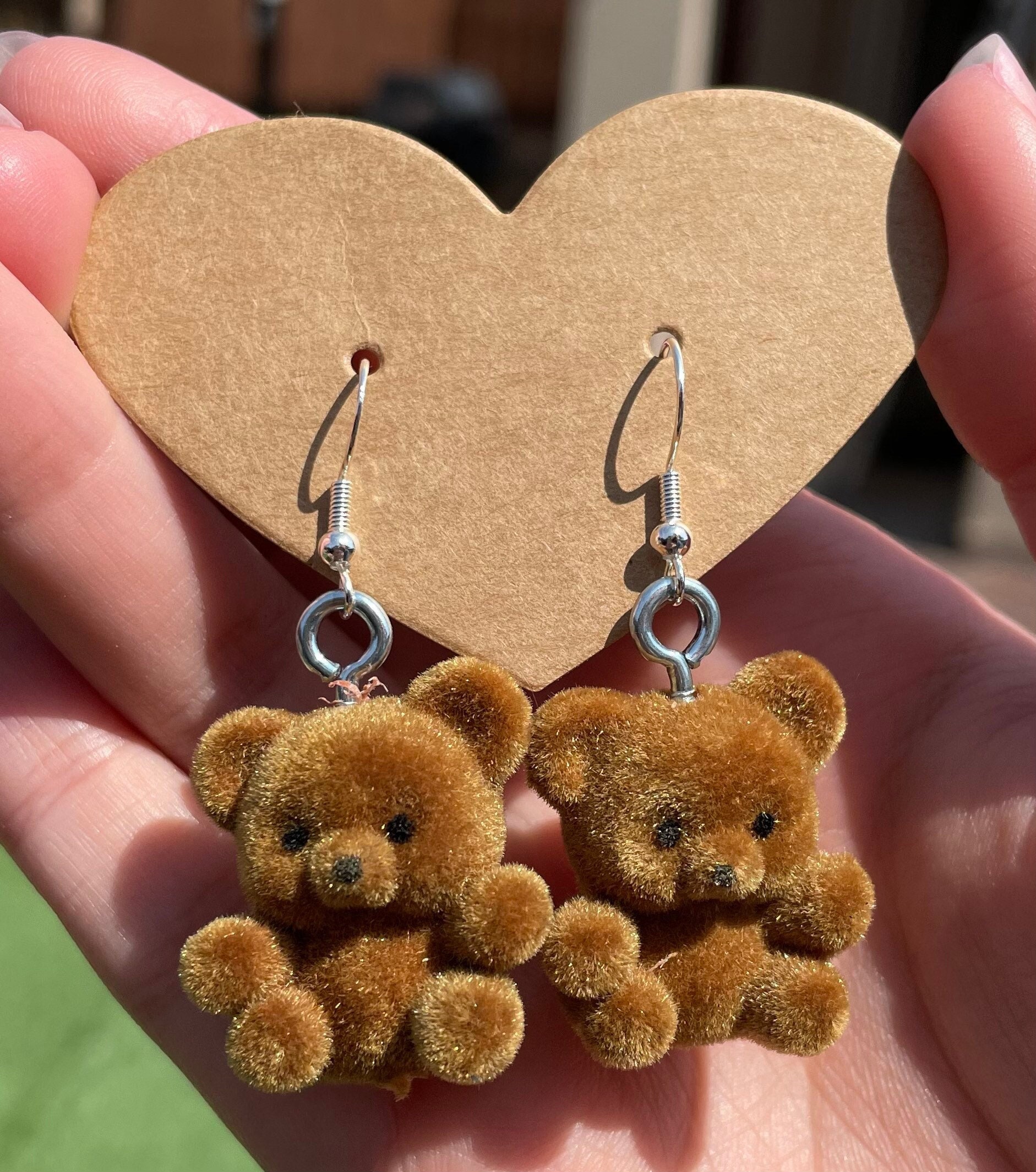 outdoor cute bear earrings Brown bear glitter stud wood earrings