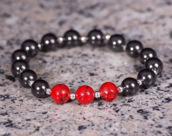 Shungite bracelet: Shungite, Red Turquoise and 925 sterling silver, elastic cord, round beads 8mm