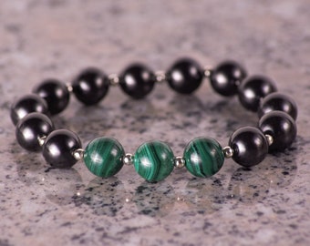 Shungite, Malachite and 925 sterling silver bracelet, elastic cord, round beads 10mm