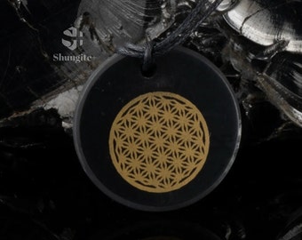 Shungite pendant necklace Flower of Life, Healing and Protection, genuine shungite from Karelia