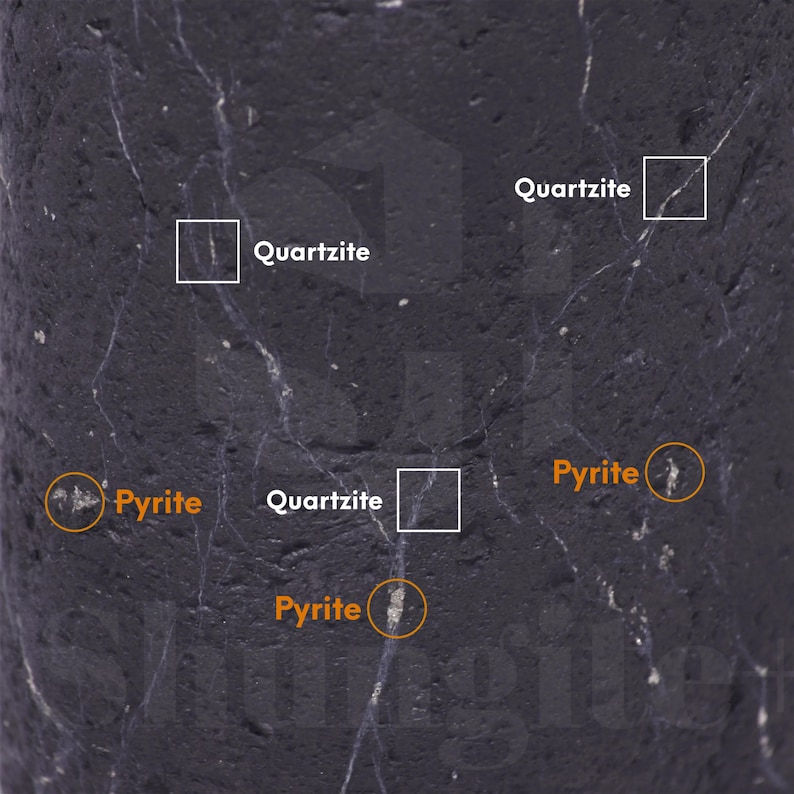 May include: Close-up of a dark gray rock with white veins. The rock is labeled "Quartzite" in white text. There are also small, round, orange circles labeled "Pyrite" around the rock.